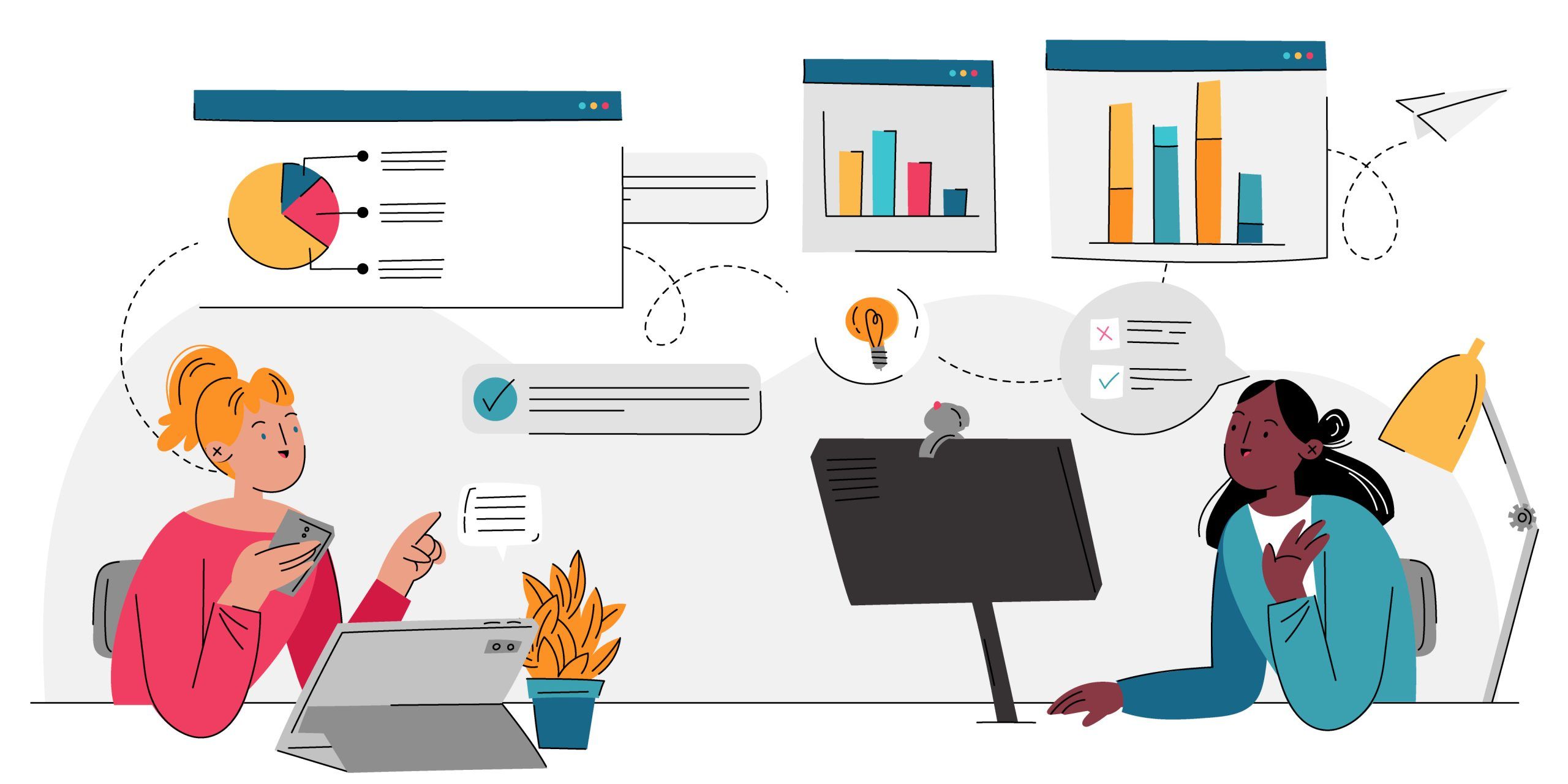 Ilustrație servicii optimizare site cu echipă digitală